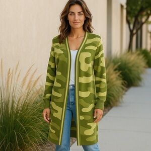 Mesh + Lace Camo Long Open Front Cardigan Duster Sweater Size S